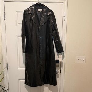Black Leather Long Trench Coat - Women's